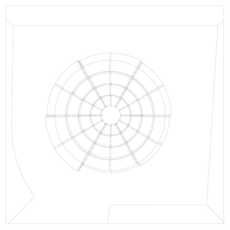 A line drawing on white background of a configuration of furniture, resembling a full circular amphitheatre.