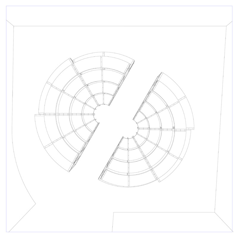 A line drawing on white background of a configuration of furniture, resembling two semi-circular amphitheatures facing each other.