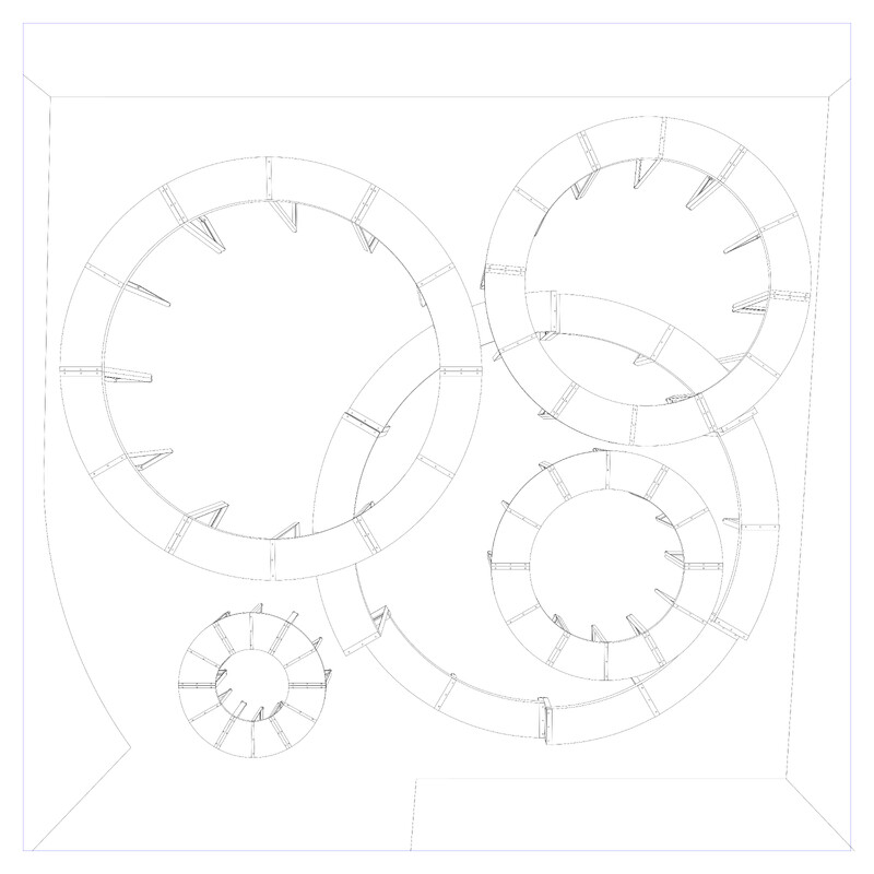 A line drawing on white background of a configuration of furniture, where curved pieces are oriented to create five circles of different sizes, some overlapping each other.
