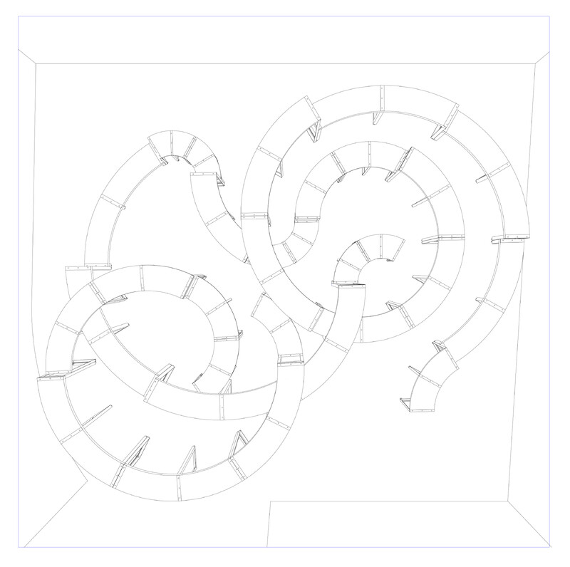 A line drawing on white background of a configuration of furniture where curved tables and benches are attached in an interlocking form resembling a figure-eight.
