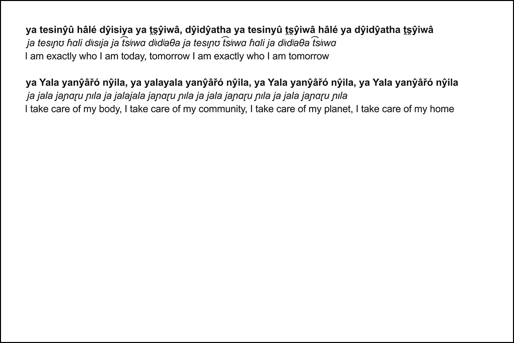 This image contains two lines of left justified text in ẍây ithřa, a non-English language, each followed by its phonetic transcription and an English translation. The text explores themes of home, the body, and community. The ẍây ithřa text is bolded for emphasis.