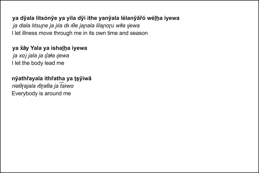 This image contains three lines of left justified text in ẍây ithřa, a non-English language, each followed by its phonetic transcription and an English translation. The text explores themes of illness, the body, and community. The ẍây ithřa text is bolded for emphasis.