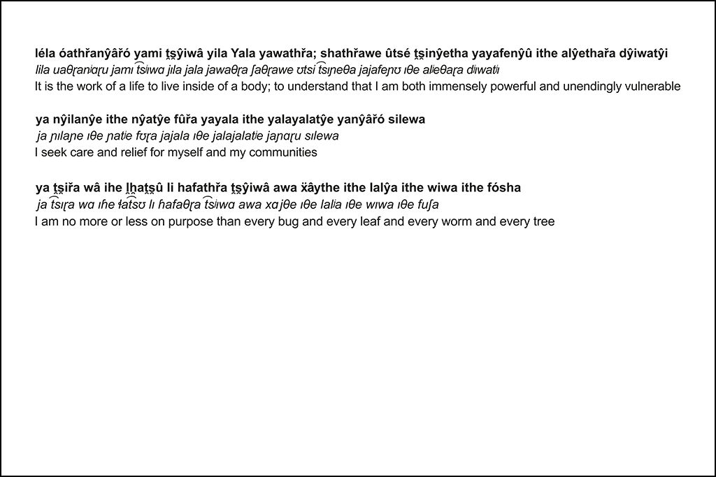 This image contains three lines of left justified text in ẍây ithřa, a non-English language, each followed by its phonetic transcription and an English translation. The text explores themes of illness, body, and nature. The ẍây ithřa text is bolded for emphasis.