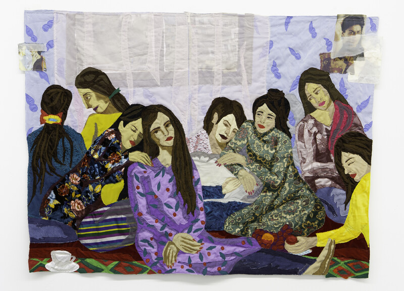 An image rendered in fabric sourced from Central and South East Asia depicts eight women nestled on the ground in contemplative postures, mutually supporting one another. In a room with blue ornamented wallpaper, cut-out photographs, and two windows with drawn blinds and diaphanous pink drapes, the women wear colourful and floral-patterned dresses, gathering to share a cup of tea.