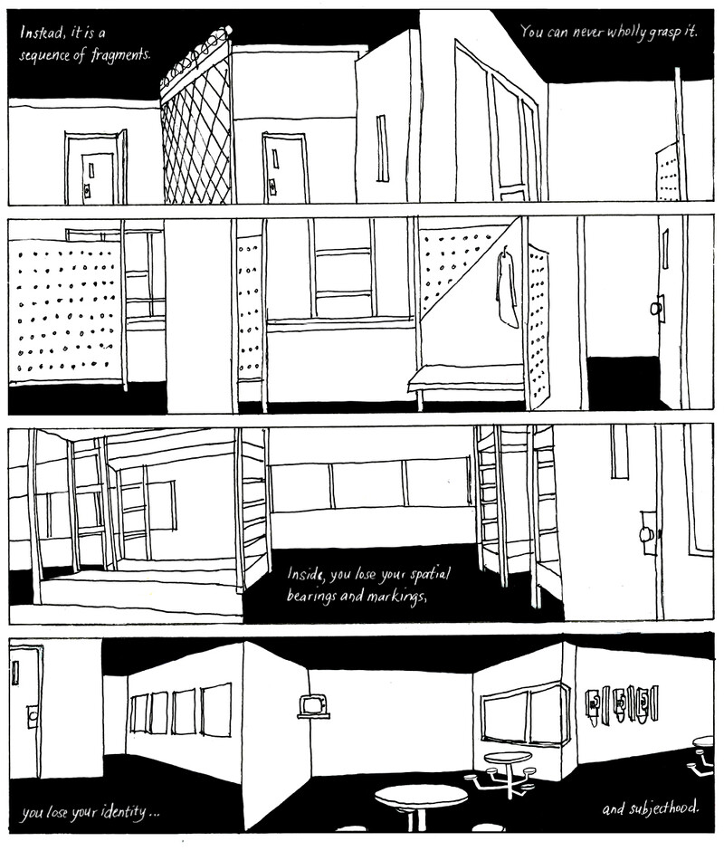 Text is scrolled throughout drawings of sparsely furnished living spaces that reads: “Instead, it is a sequence of fragments. You can never wholly grasp it. Inside, you lose your spatial bearings and marking, you lose your identity... and subjecthood.”