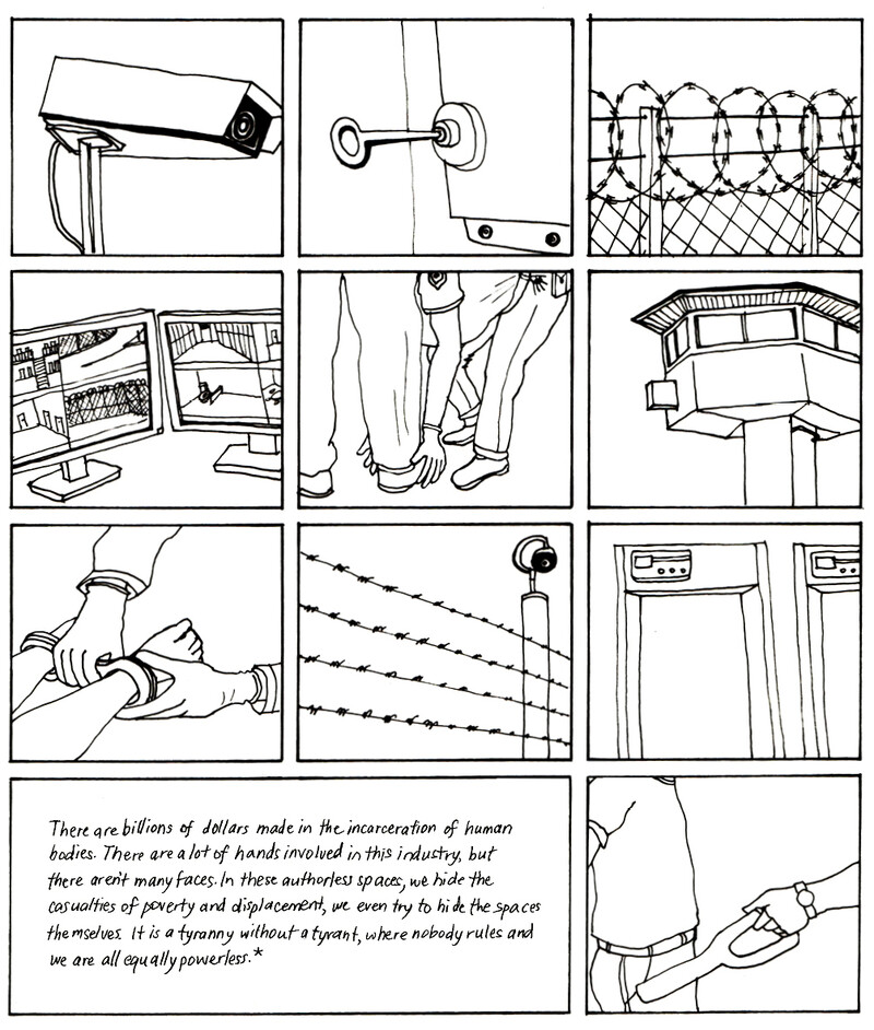 A grid of drawings depict surveillance cameras, barbed wire fences, police, and a person being handcuffed. The bottom left panel has a Hannah Arendt quote written: “There are billions of dollars made in the incarceration of human bodies. There are a lot of hands involved in this industry, but there aren’t many faces. In these authorless spaces, we hide the casualties of poverty and displacement, we even try to hide the spaces themselves. It is a tyranny without a tyrant, where nobody rules and we are all equally powerless.”